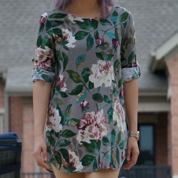 Dresses & Skirts - Floral Linen Long Sleeve Blouse Dress